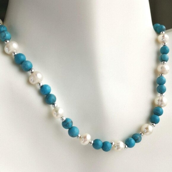 Turquoise White Freshwater Pearl Necklace 🆕 - Picture 4 of 7